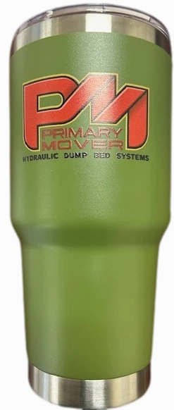 A sleek 30oz travel mug featuring the Primary Mover logo, with a green cup, silver rim, and label. Durable stainless steel construction with leak-resistant lid for on-the-go convenience.