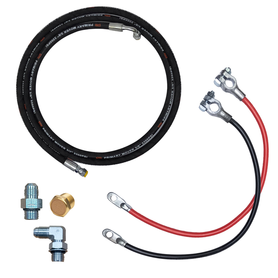 Single Acting Pump 3/8 Hose Kit featuring a 120 hose, battery cables, 90-degree, breather, and straight fittings for hydraulic power units.