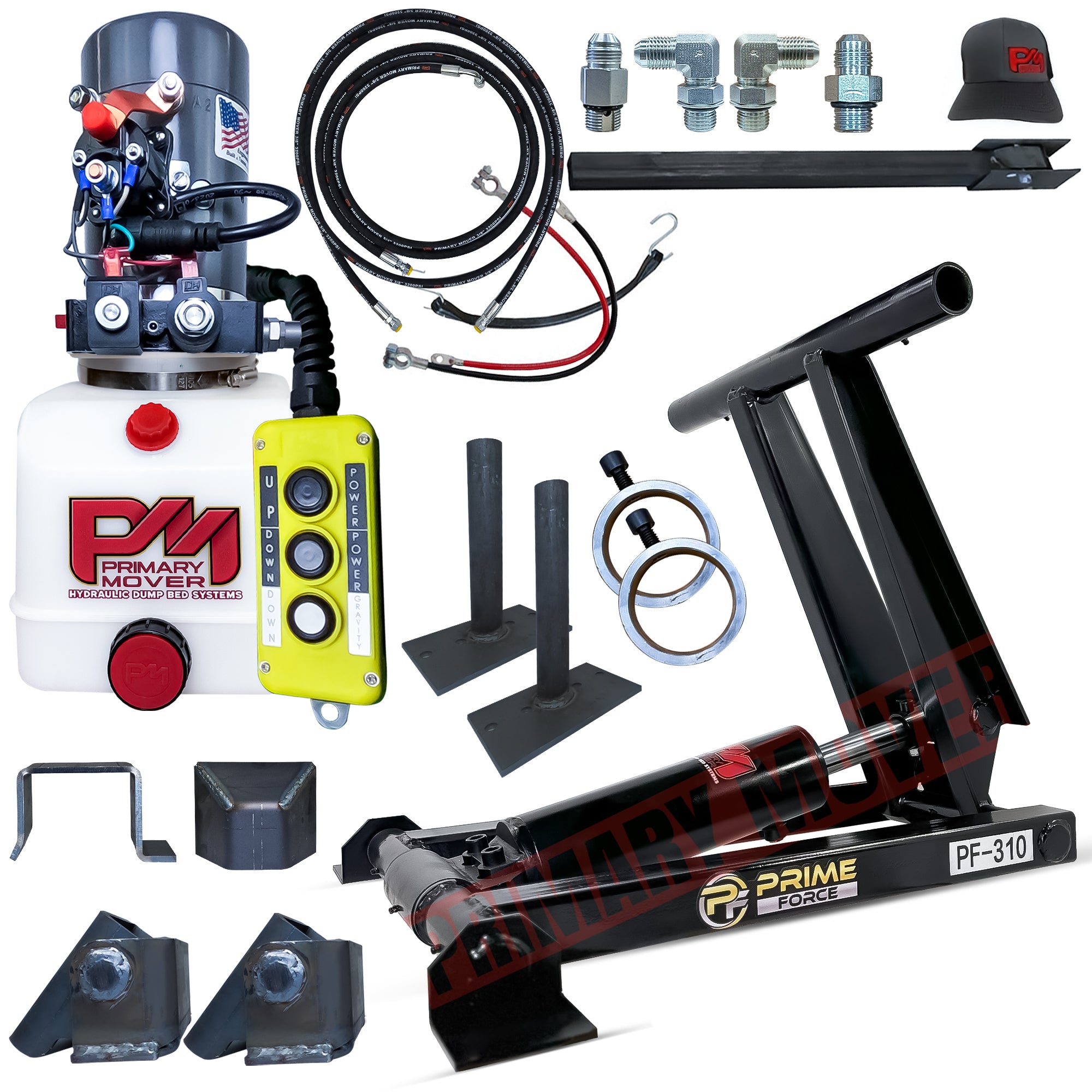 3 Ton Hydraulic Scissor Hoist Kit - PF-310, featuring a robust cylinder with a red knob, ideal for compact dump trailers.