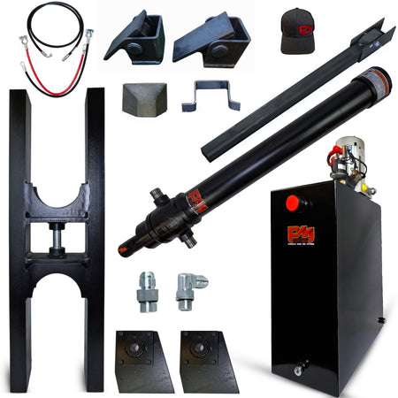 Telescopic Dump Trailer Cylinder Kit with 20-ton capacity and 90 stroke, includes hydraulic components, safety arm, and mounting brackets.