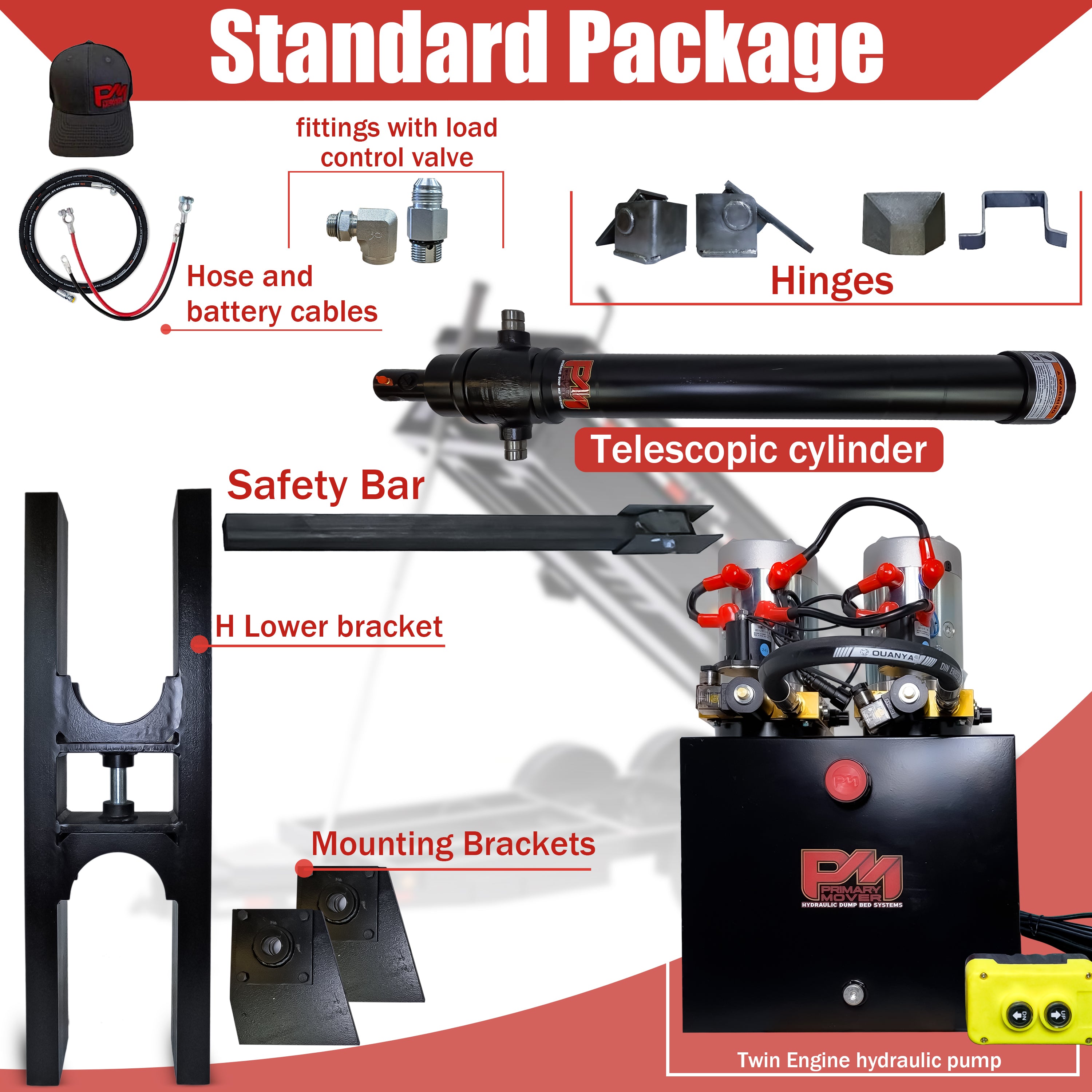 Telescopic Dump Trailer Cylinder Kit with 30 Ton Capacity, 120 Stroke, suitable for 12-16' dump bodies, featuring visible cables and logo.