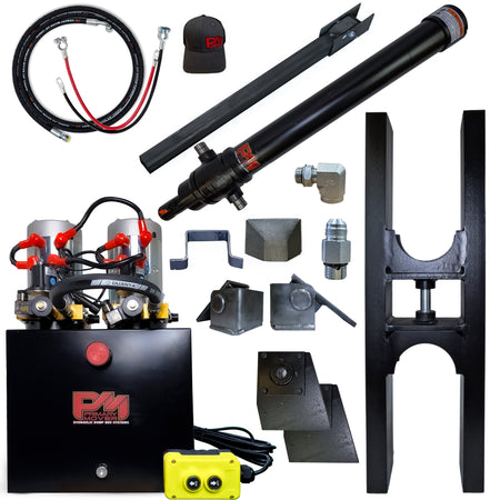 Telescopic Dump Trailer Cylinder Kit EF-12-120, featuring a 120 stroke for 30-ton capacity, visible with cables and circular mounting hole.