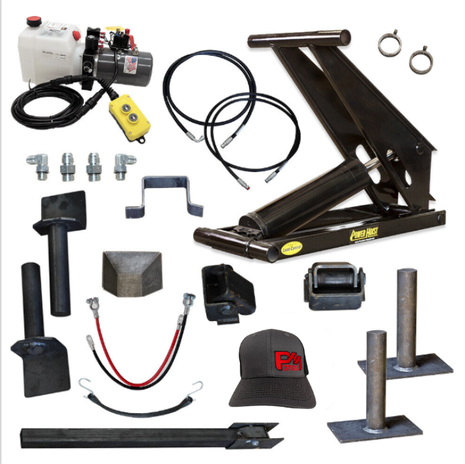 A group of metal parts for Hydraulic Scissor Hoist Kit - 11 Ton Capacity, ideal for 16-20' dump trailers. Includes cylinder, mounting brackets, hydraulic pump, safety features, and more. Commercial delivery.
