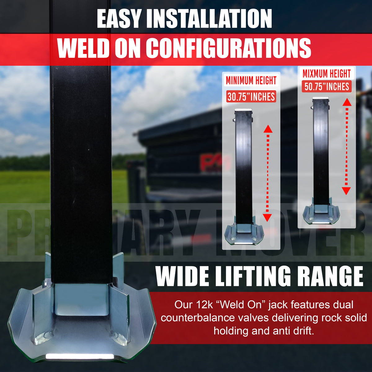 **Title:** 12k Single Hydraulic Trailer Jack Add-On Kit Weld On

**Alt Text:** Close-up of a Weld On trailer jack with extended height options, showcasing its wide lifting range and easy installation.

**Meta Description:** Discover the 12k Single Hydraulic Trailer Jack Add-On Kit Weld On for robust towing, featuring easy installation and adjustable height for versatile trailer setups.