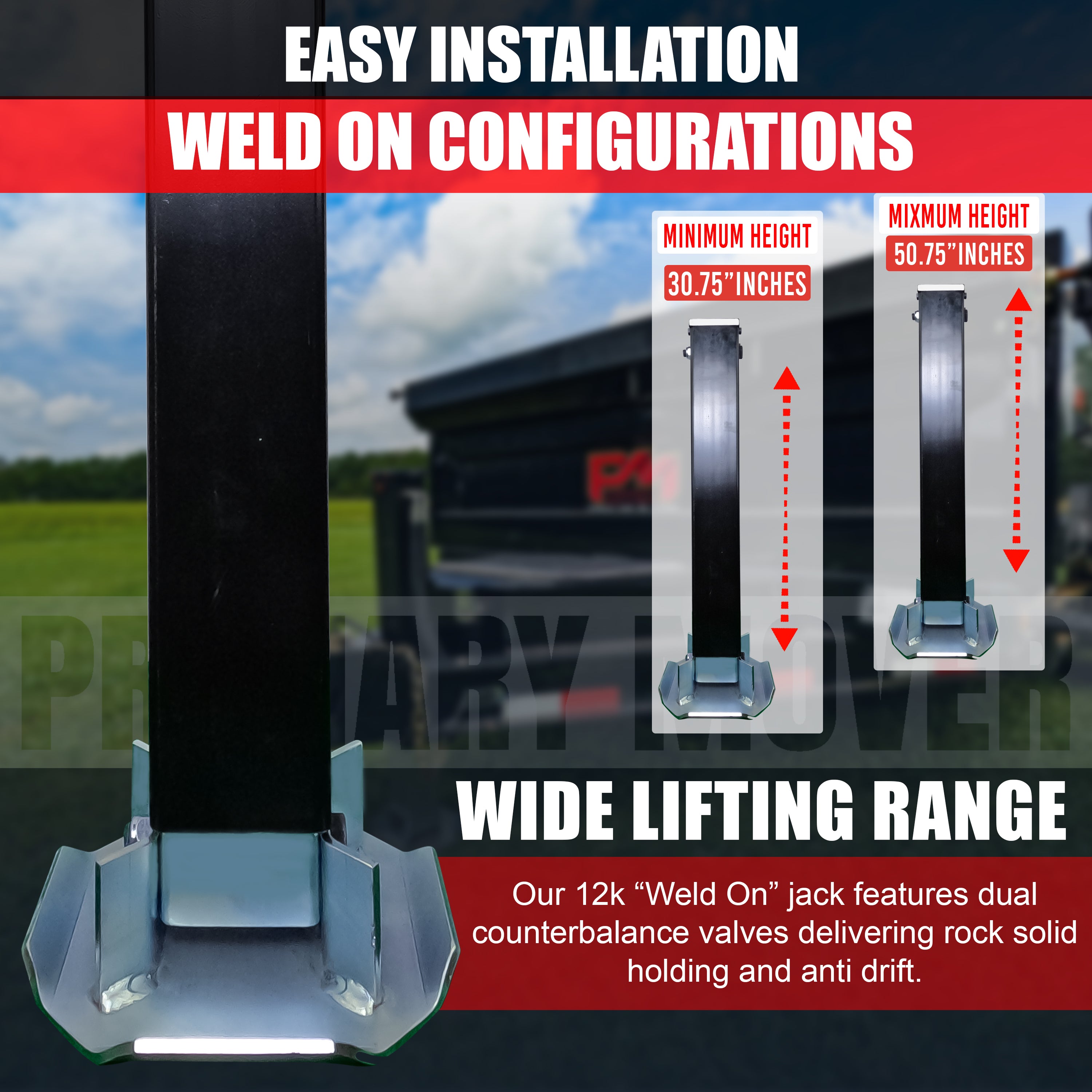 **Title:** 12k Single Hydraulic Trailer Jack Add-On Kit Weld On

**Alt Text:** Close-up of a Weld On trailer jack with extended height options, showcasing its wide lifting range and easy installation.

**Meta Description:** Discover the 12k Single Hydraulic Trailer Jack Add-On Kit Weld On for robust towing, featuring easy installation and adjustable height for versatile trailer setups.