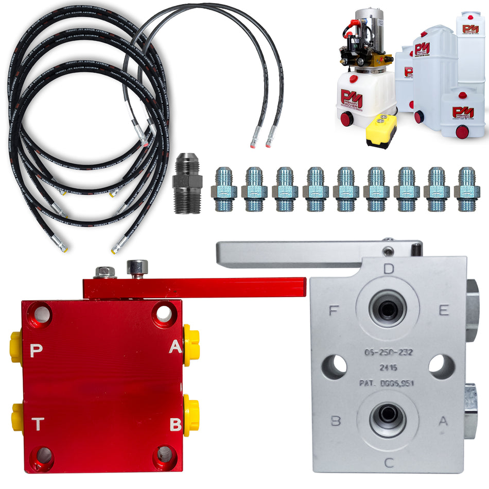 **Title:** X-Block Hydraulic Adapter Kit for Dual-Circuit Systems

**Meta Description:** Transform your single-acting power unit into a dual-circuit hydraulic system with the X-Block Adapter Kit, ideal for dump trailers and hydraulic builds.

**Alt Text:** X-Block Hydraulic Adapter Kit with hydraulic pump, hoses, manifold, and valve for dual-circuit conversion in utility trucks or trailers.