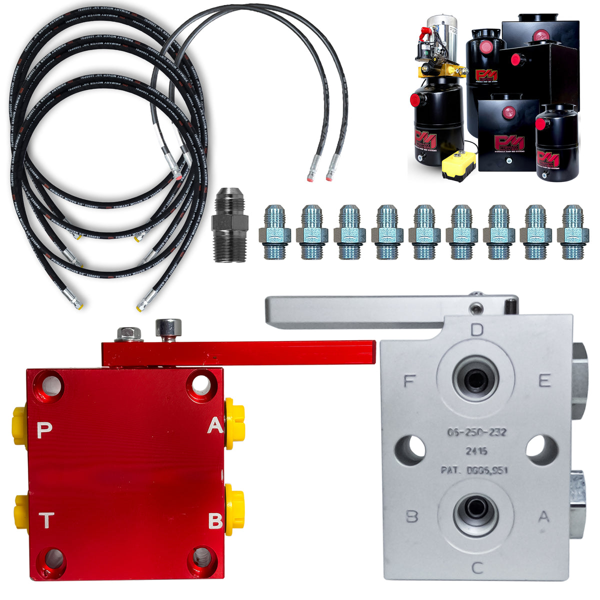 **Title:** X-Block Hydraulic Adapter Kit for Dual-Circuit Systems

**Meta Description:** Upgrade your hydraulic setup with the X-Block Hydraulic Adapter Kit, converting single-acting power units into dual-circuit systems for versatile dump trailer applications.

Hydraulic pump kit with power unit, control valves, hoses, and fittings for converting single-acting units to dual-circuit systems, suited for dump trailers and hydraulic builds.