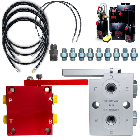 **Title:** X-Block Hydraulic Adapter Kit for Dual-Circuit Systems

**Meta Description:** Upgrade your hydraulic setup with the X-Block Hydraulic Adapter Kit, converting single-acting power units into dual-circuit systems for versatile dump trailer applications.

Hydraulic pump kit with power unit, control valves, hoses, and fittings for converting single-acting units to dual-circuit systems, suited for dump trailers and hydraulic builds.