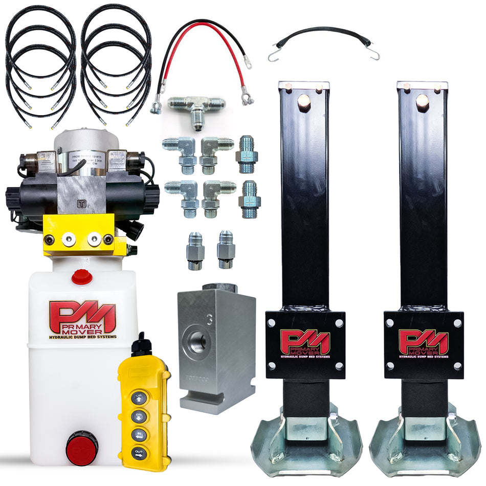 24K Dual Hydraulic Trailer Jack Kit with a black control box, white container, yellow remote control, and control panel, designed for heavy-duty trailer lifting.