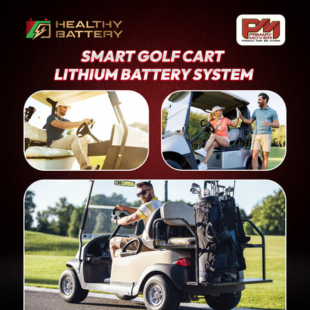 **Title:** Healthy Battery 51.2V 105Ah LiFePO4 Golf Cart Power Kit

**Alt Text:** Promotional poster featuring a Smart Golf Cart Lithium Battery System with images of golf carts, highlighting the 51.2V 105Ah LiFePO4 Power Kit.

**Meta Description:** Discover the Healthy Battery 51.2V 105Ah Golf Cart Power Kit, offering 600A peak output, a DC-DC converter, and onboard charger for powerful, reliable performance.