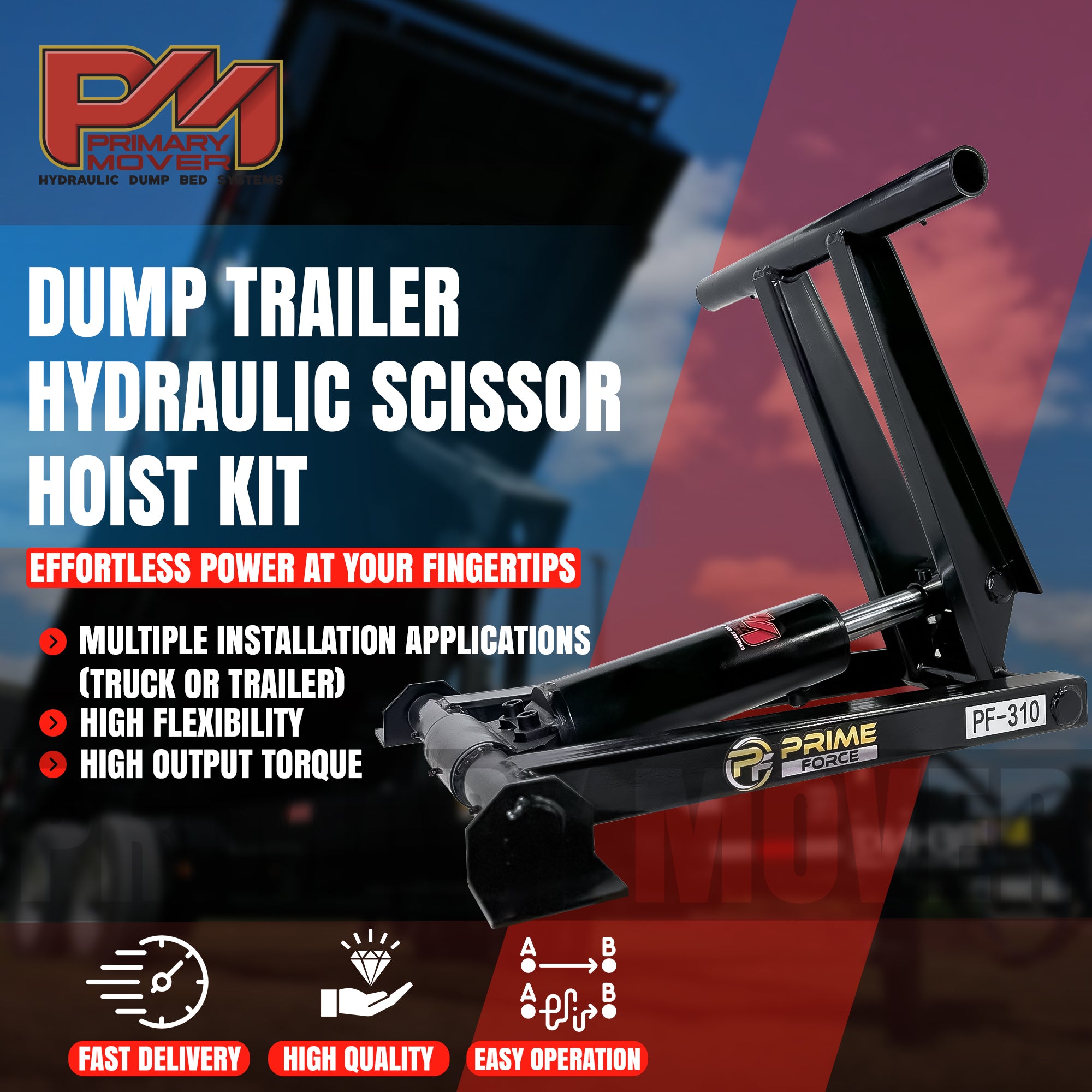 3 Ton Hydraulic Scissor Hoist Kit - PF-310, compact design, superior cylinder, and durable build for 8-10' dump bodies, includes mounting brackets and hydraulic components.