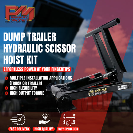 3 Ton Hydraulic Scissor Hoist Kit - PF-310, compact design, superior cylinder, and durable build for 8-10' dump bodies, includes mounting brackets and hydraulic components.