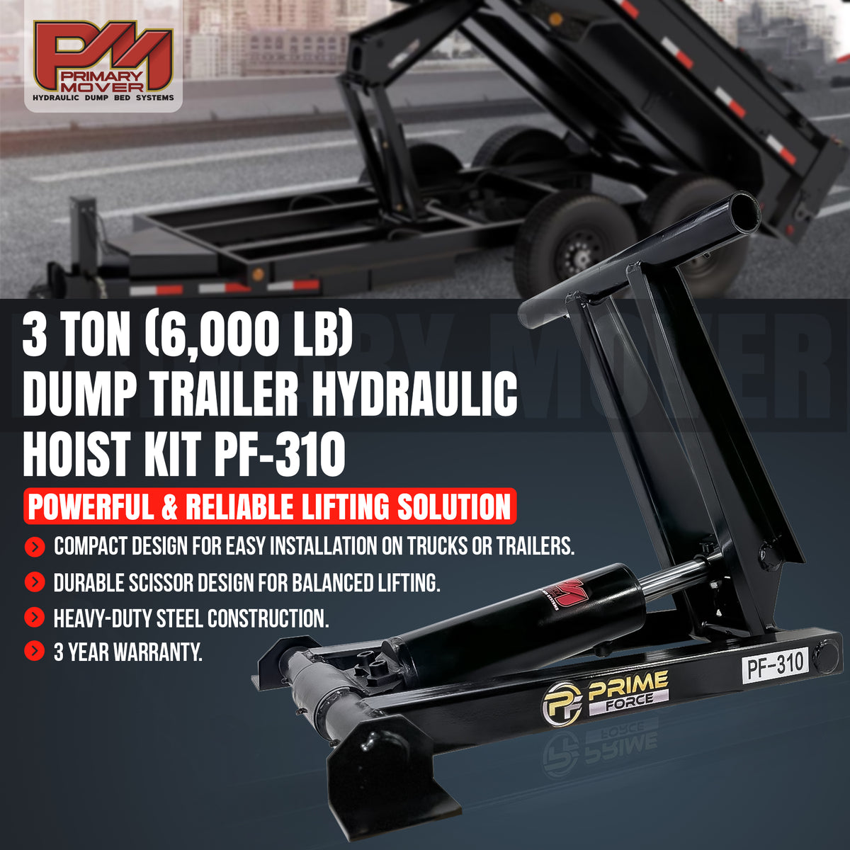 3 Ton Hydraulic Scissor Hoist Kit - PF-310, featuring a close-up of components like the cylinder and mounting brackets, ideal for compact dump trailers.