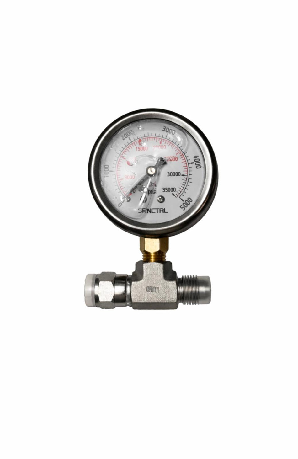 **Title:** Inline Hydraulic Pressure Gauge 0–5000 PSI for Dump Trailers

**Alt Text:** Dial-type pressure gauge with 0–5000 PSI scale, mounted on a two-way valve assembly, featuring compression-type hose connections at the bottom.

**Meta Description:** Monitor your dump trailer's hydraulic system with this 0–5000 PSI inline gauge. Easy installation with JIC fittings provides accurate pressure readings for optimal performance.
