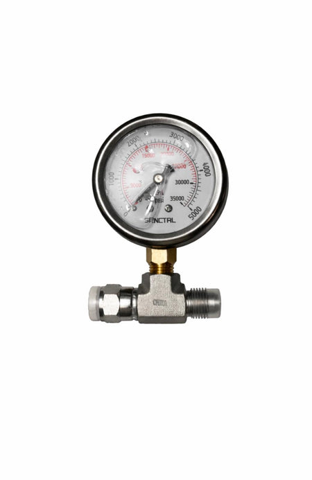 **Title:** Inline Hydraulic Pressure Gauge 0–5000 PSI for Dump Trailers

**Meta Description:** High-pressure gauge with JIC fittings, ideal for monitoring dump trailer hydraulics. Liquid-filled for accuracy; available in 3/8 and 1/2 sizes.

**Alt Text:** Inline Hydraulic Pressure Gauge 0–5000 PSI with circular dial, brass stem, and T-shaped steel fitting for dump trailer hydraulic systems.