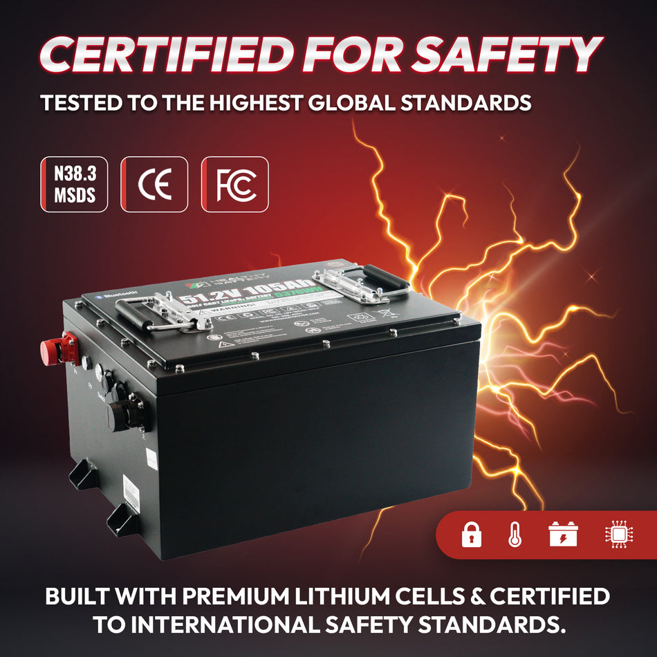 **Title:** Healthy Battery 51.2V 105Ah LiFePO4 Kit for Golf Carts

**Alt Text:** Black lithium-ion battery module with handles and terminals, featuring safety certifications and icons, ideal for high-output golf carts.

**Meta Description:** Upgrade your golf cart with the Healthy Battery 51.2V 105Ah LiFePO4 Kit, certified for safety and designed for high-output performance in challenging terrains.