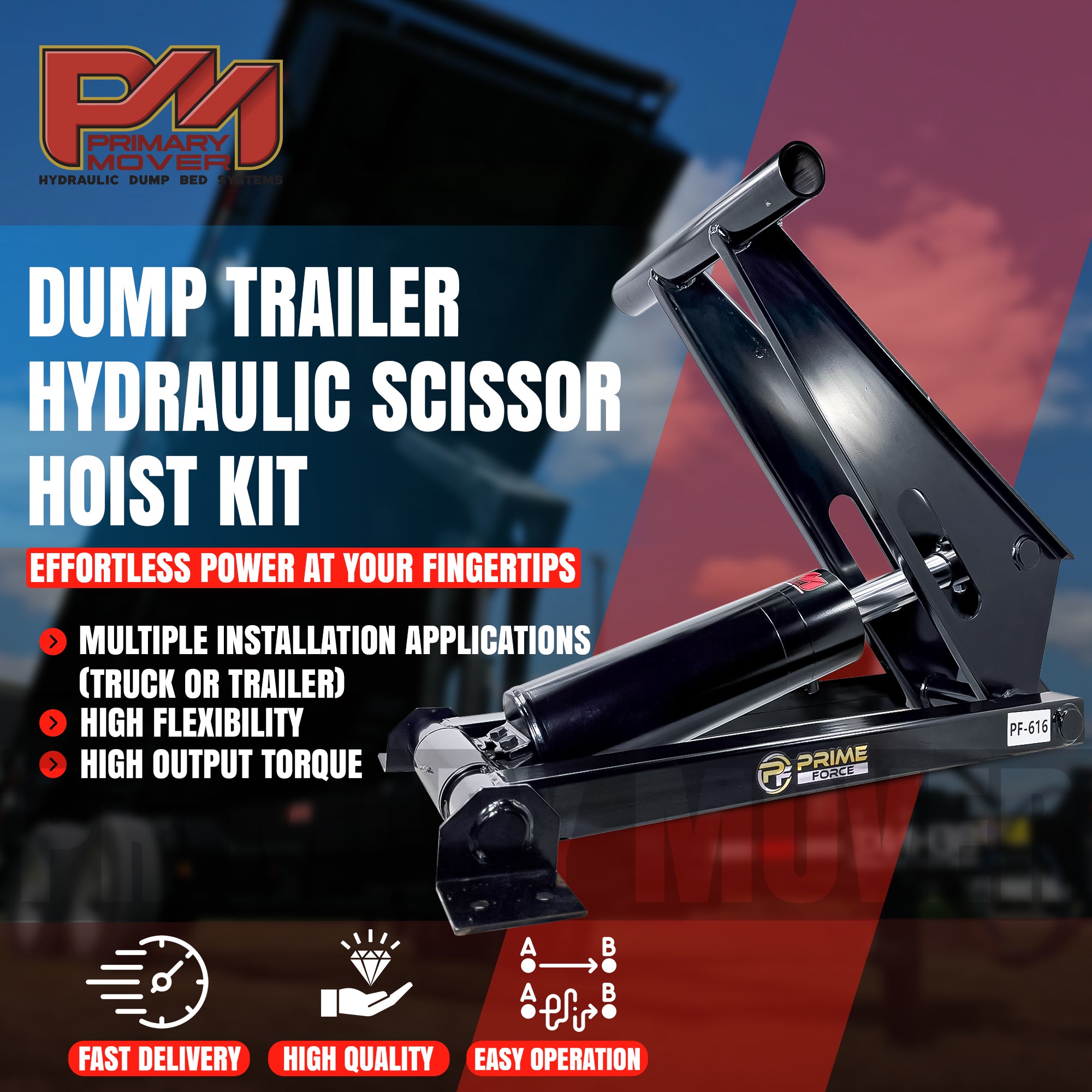 11 Ton Hydraulic Scissor Hoist Kit PF-616-6 with heavy-duty 6.5 cylinder, shown with integrated mounts and HD hinges, ideal for 12-16' dump trailers.