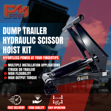 11 Ton Hydraulic Scissor Hoist Kit PF-616-6 with heavy-duty 6.5 cylinder, shown with integrated mounts and HD hinges, ideal for 12-16' dump trailers.