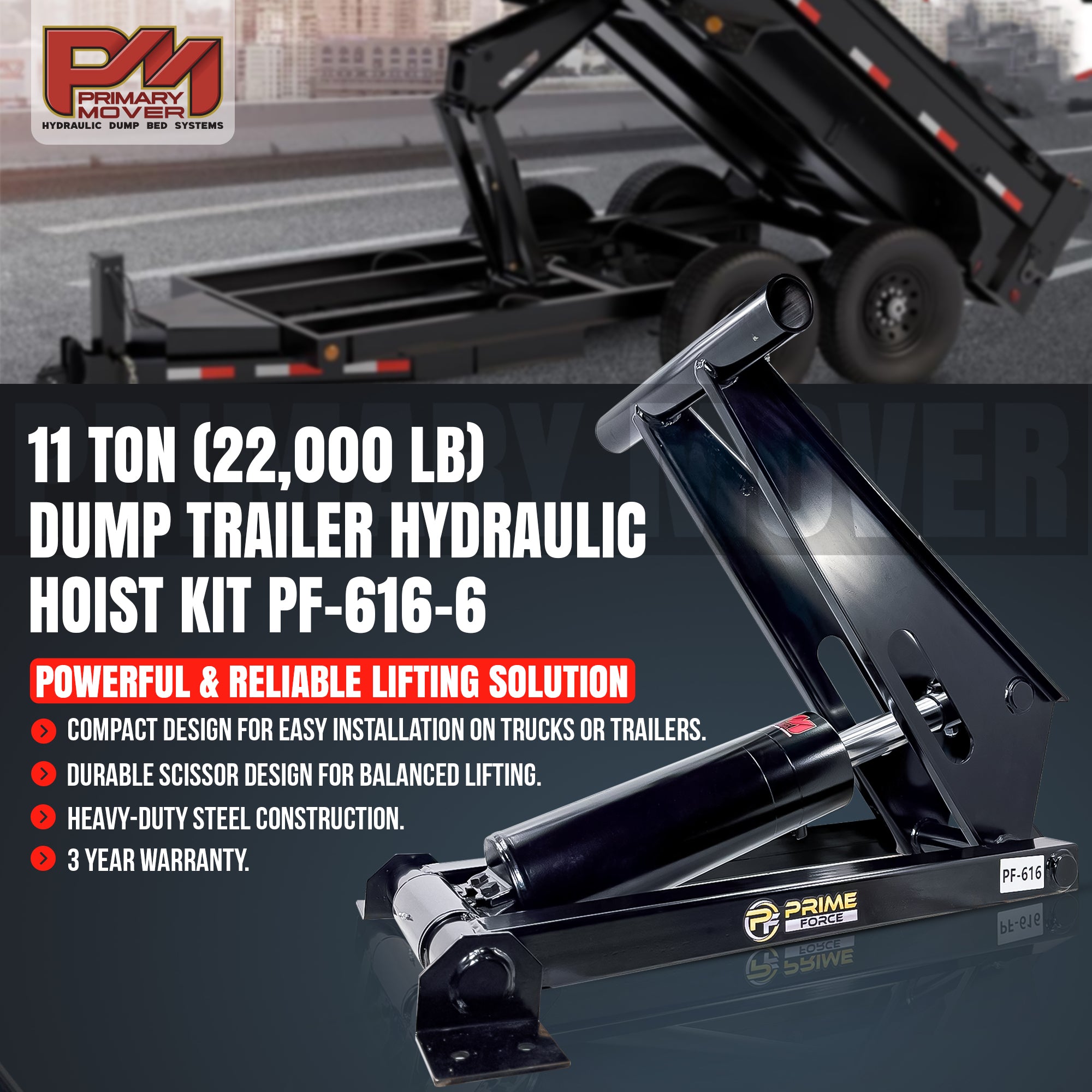 Close-up of the PF-616-6 Scissor Hoist, highlighting the robust 6.5 cylinder, part of the 11 Ton Hydraulic Scissor Hoist Kit for 12-16' dump trailers.