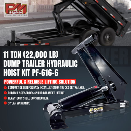 Close-up of the PF-616-6 Scissor Hoist, highlighting the robust 6.5 cylinder, part of the 11 Ton Hydraulic Scissor Hoist Kit for 12-16' dump trailers.