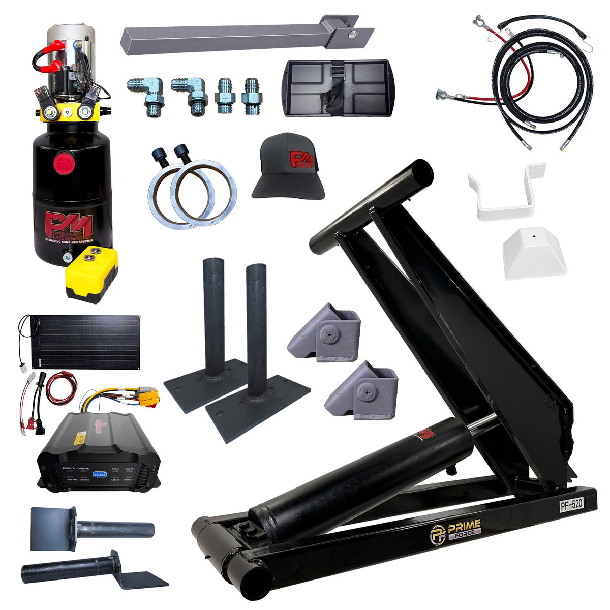 Prime Force PF-520 hydraulic dump bed kit components, including a pump, lift cylinder, hoses, battery charger, and mounting hardware.