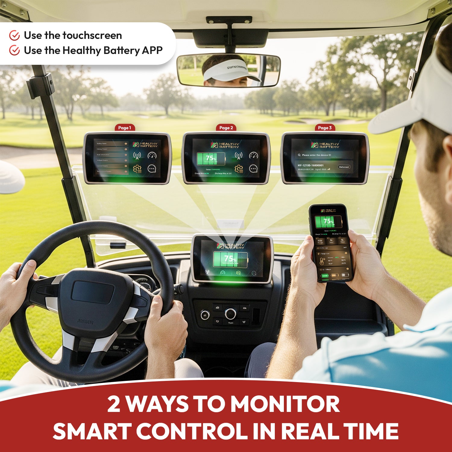**Title:** Healthy Battery 51.2V 105Ah LiFePO4 Golf Cart Power Kit

**Alt Text:** Inside golf cart with touchscreen showing Healthy Battery 75% charge, virtual overlays, and smartphone app usage for real-time monitoring.

**Meta Description:** Discover the Healthy Battery 51.2V 105Ah kit for high-output golf carts. Monitor via touchscreen or app. Perfect for lifted carts, hilly terrain, and oversized tires.