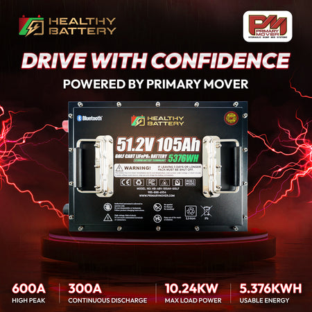**Title:** Healthy Battery LiFePO₄ Golf Cart Power Kit

**Meta Description:** Discover the Healthy Battery 51.2V 105Ah LiFePO₄ Power Kit for golf carts, featuring a high-output 600A peak, Bluetooth monitoring, and essential accessories for optimal performance.

**Alt Text:** Healthy Battery 51.2V 105Ah LiFePO₄ golf cart power kit with 600A peak, Bluetooth, and accessories.