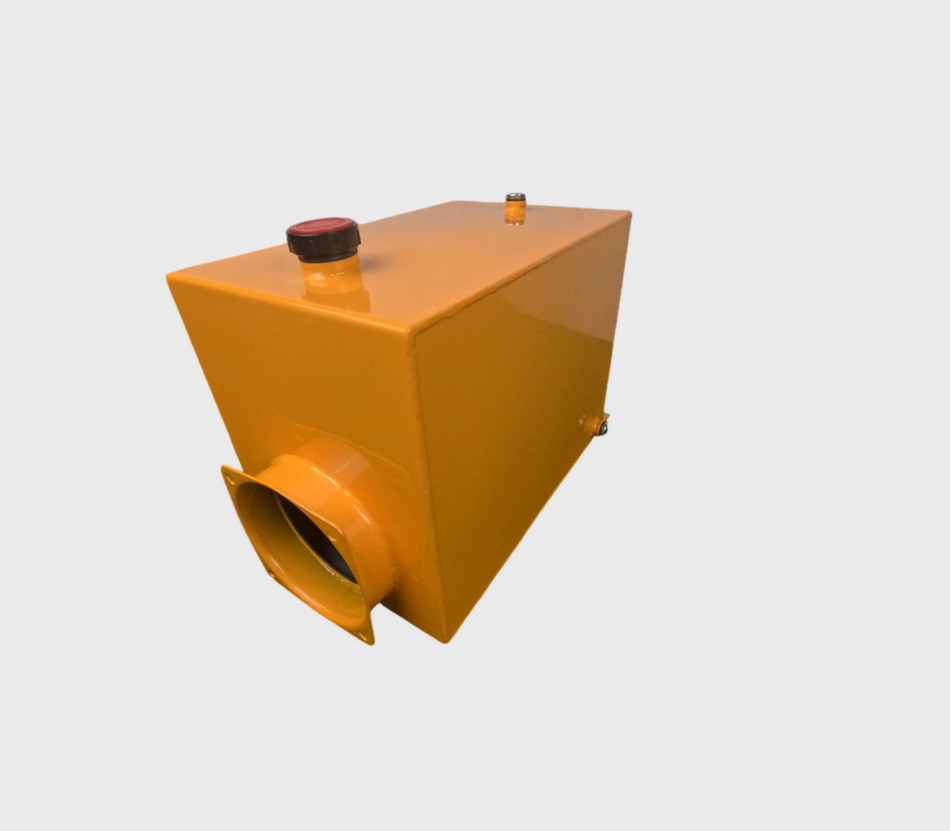 A 10-quart metal square hydraulic reservoir tank with plug and breather caps, featuring a robust steel construction for durability and precise fitment for various hydraulic systems. Dimensions: 12.25 L x 9.5 W x 9.5 H.