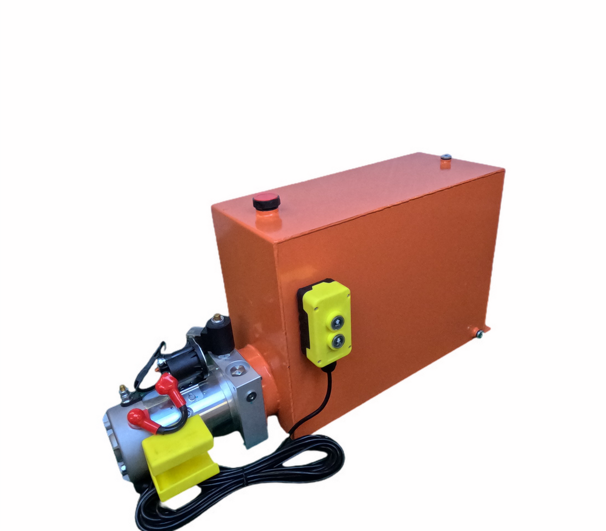 12vdc High Flow Hydraulic Power unit with orange 28qt tank for telescopic dump bed kit. 