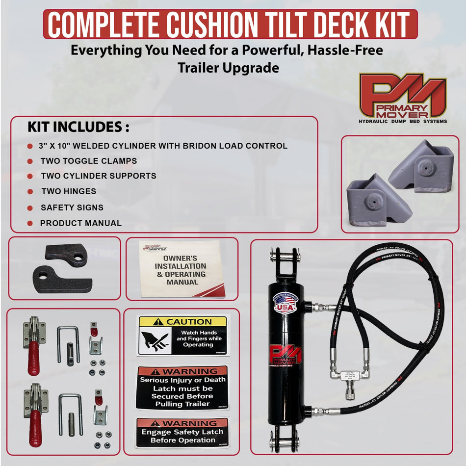 Primary Mover Cushion Tilt Deck Hydraulic Kit – Gravity Down Equipment Trailer Tilt System with 310 Welded Cylinder