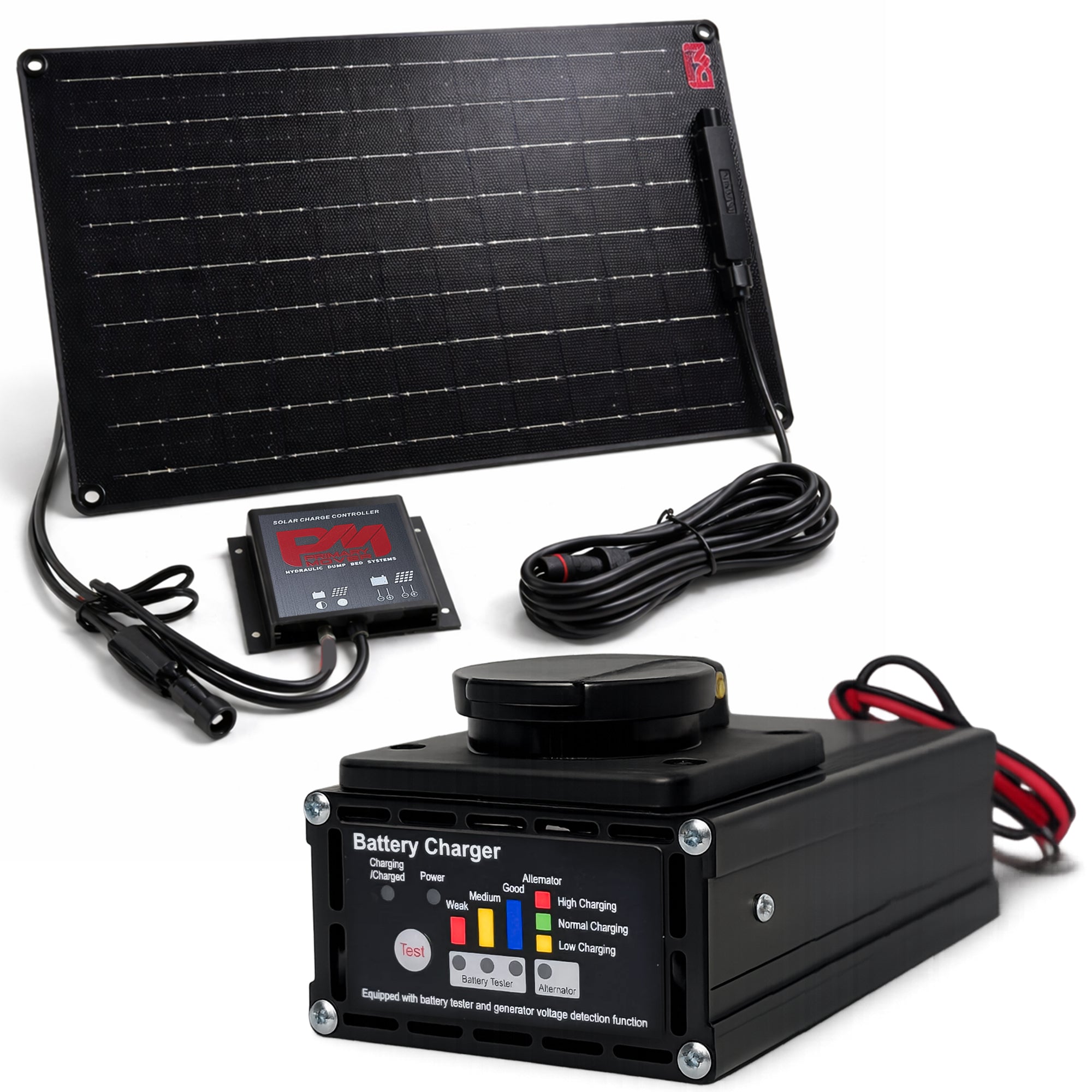 **Title:** Regular User Battery MAXIMIZER Kit (3-4 Days/Week Use) | BMK-7-8

**Alt Text:** Portable off-grid charging kit with an 18W solar panel, 10A charger, and battery tester for 12V systems, ideal for maintaining dump trailer batteries.

**Meta Description:** Efficiently maintain your 12V battery with the Regular User Battery MAXIMIZER Kit, featuring an 18W solar panel and 10A charger for dump trailers.