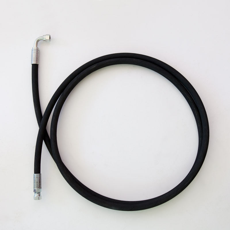A 110'' 3/8 Hydraulic Hose with JIC Straight and 90 Female Swivels, compatible with Single or Double Acting Hydraulic Pumps.