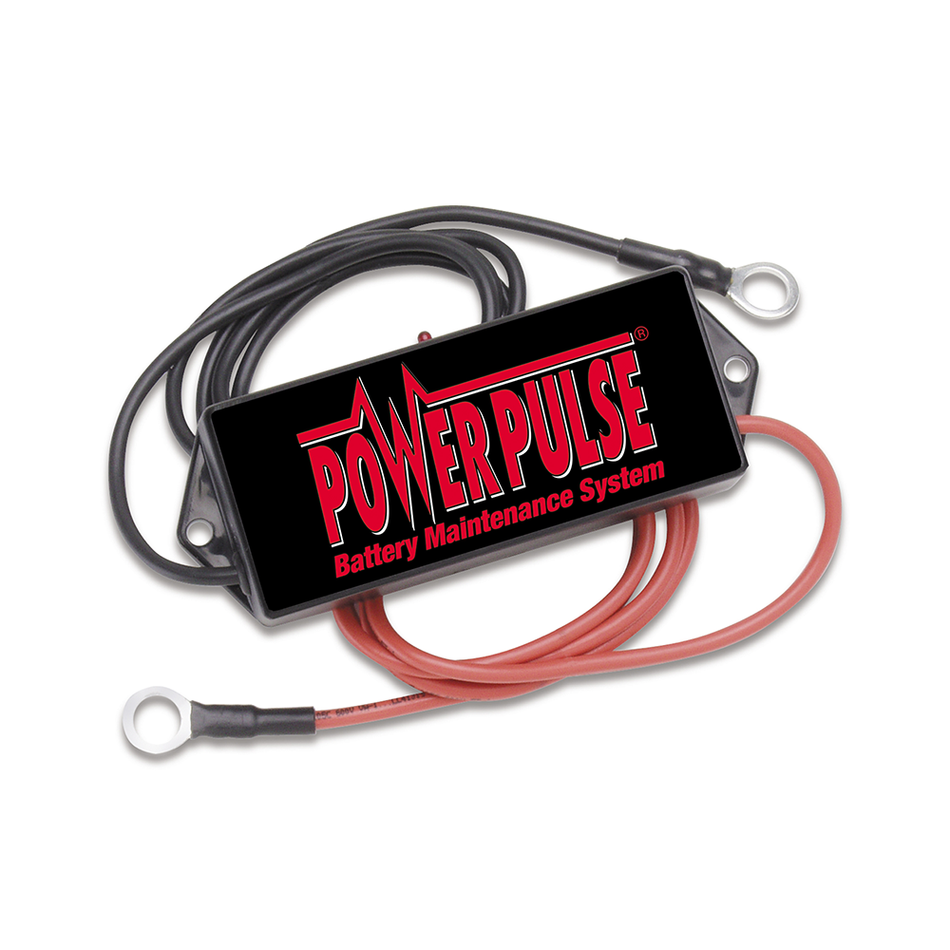 12-Volt PowerPulse Battery Maintenance System PP-12-L for vehicles and equipment, featuring black device with red and black wires, ideal for 12-Volt lead acid batteries.