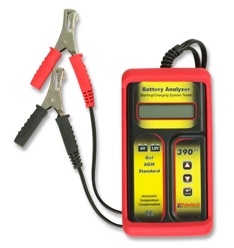 Close-up of a battery analyzer with cables, showcasing the 6V and 12V Digital Battery Tester and Analyzer by PulseTech 390-PT. Advanced technology for testing vehicle batteries and charging systems, including VRLA, AGM, gel, and flooded cells.