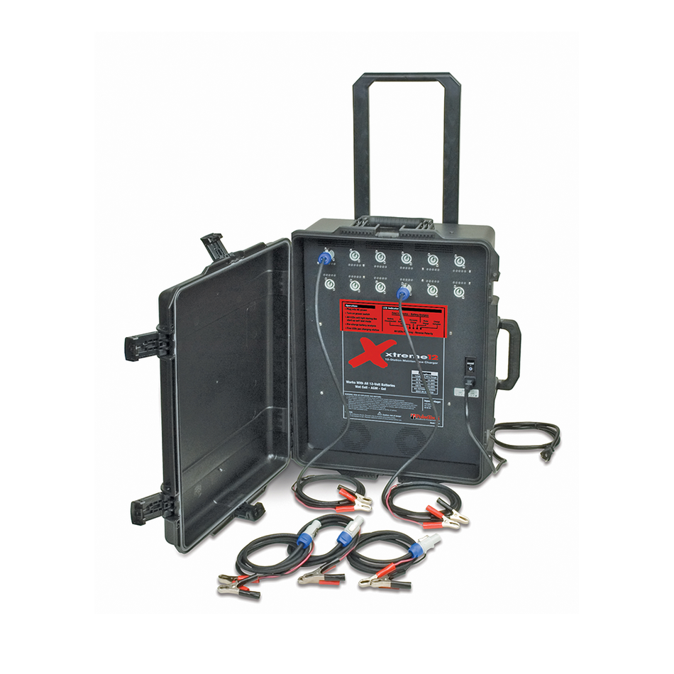 A black box with wires, a machine back with cables, and a battery charger close-up. Ideal for charging twelve 12V lead-acid batteries independently. Dimensions: 24.6 x 19.7 x 8.6. PulseTech Xtreme SC-12.
