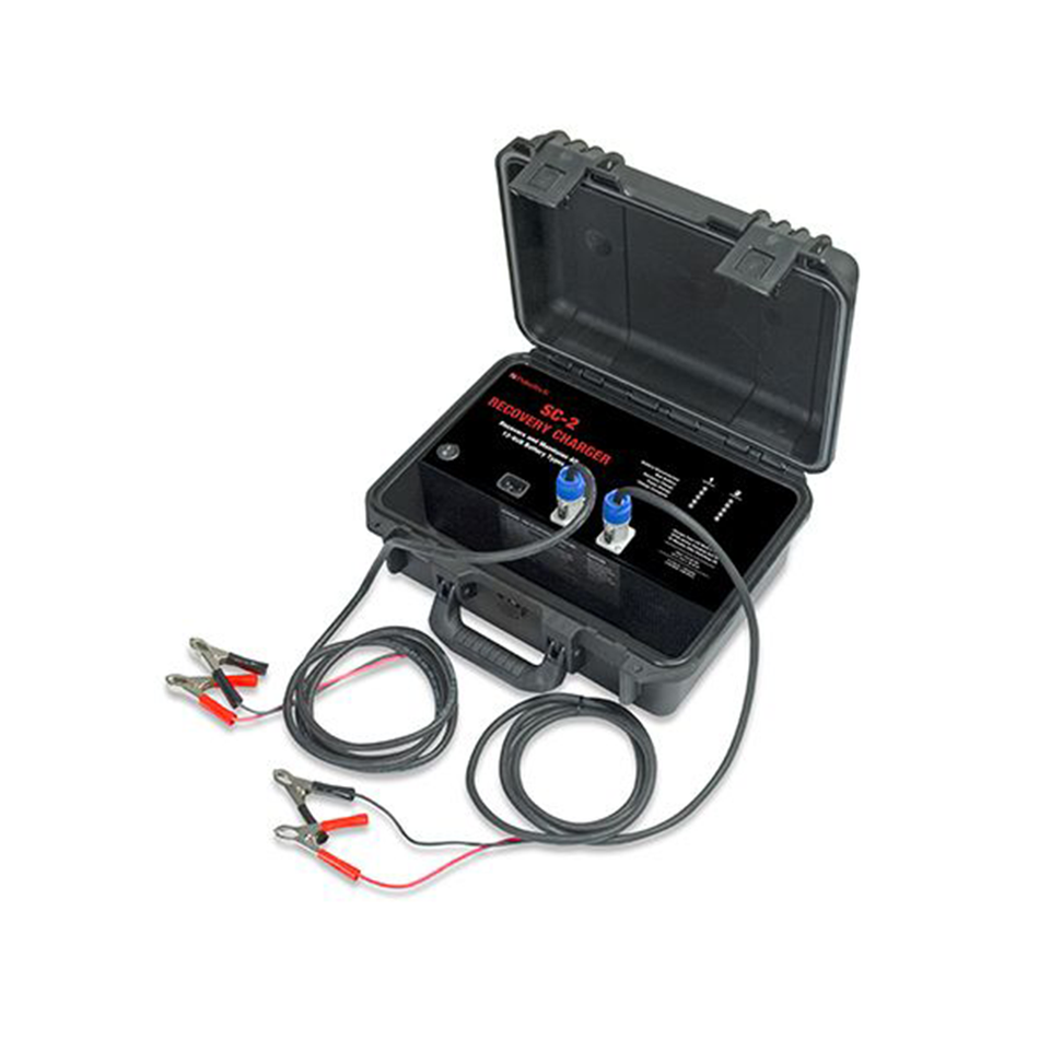Portable 2-Station 12V Battery Recovery System in Black Case with Cables. Features convenient battery recovery and charging. Dimensions: 14.5 x 11.75 x 6.25. Weight: 10 lbs.