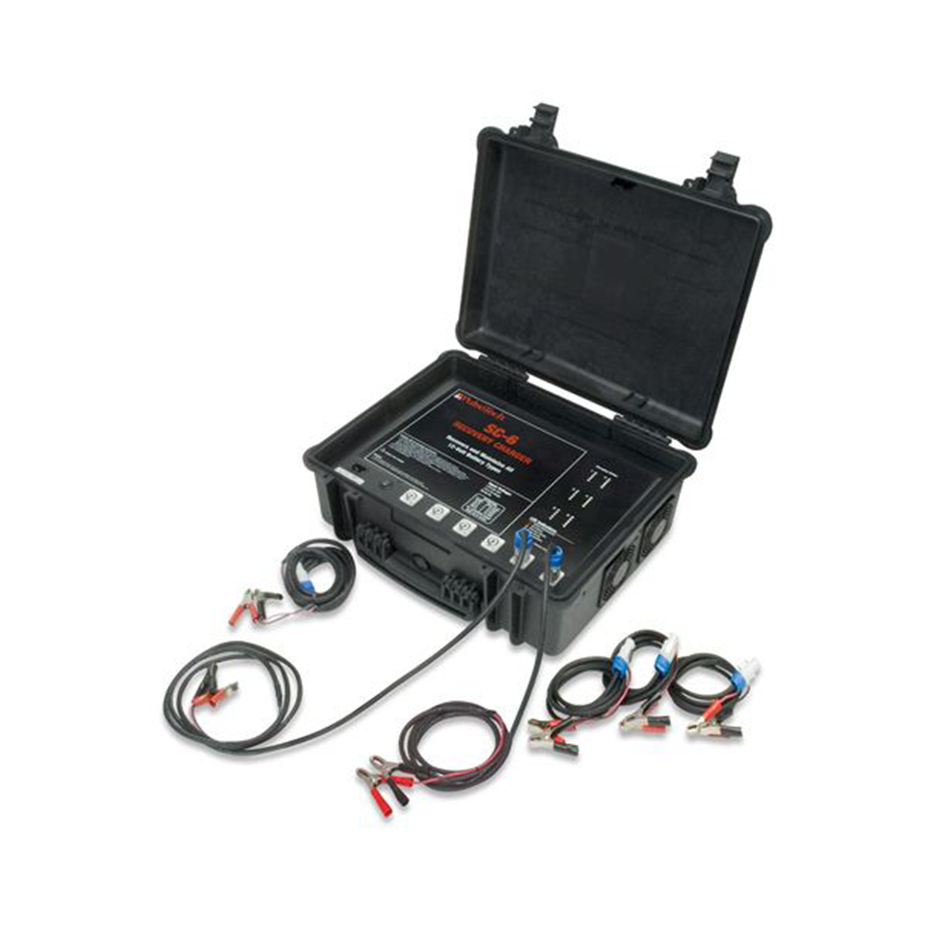 A black electronic device with wires, PulseTech SC-6, 6-Station 12 Volt Battery Recovery system. Charges up to six 12-volt lead-acid batteries independently for optimal performance.