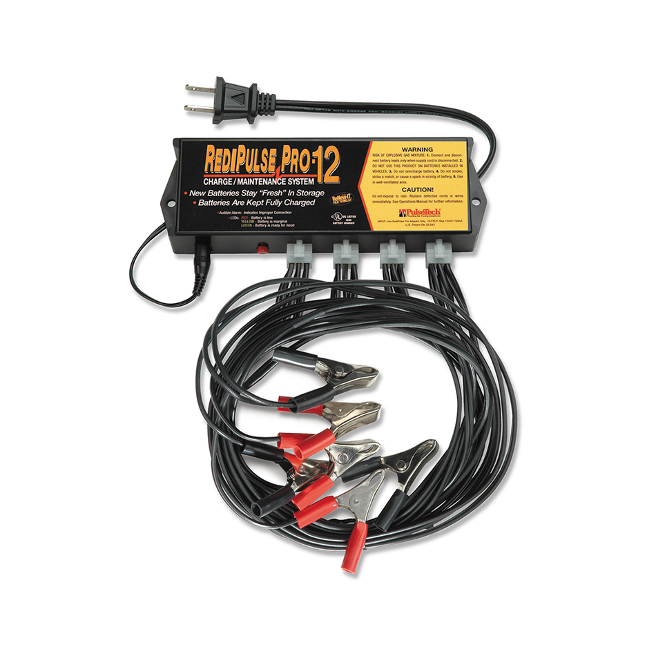 A black and red battery charger with wires, nippers, and cables, part of the RediPulse 12-Station Battery Maintenance System for 12-Volt lead-acid batteries.