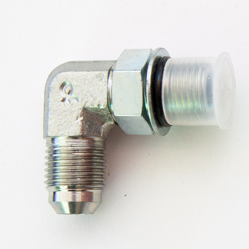 Close-up of a 90 Degree Fitting with SAE Male and JIC Male ends, featuring screws and nuts in a silver and clear design.