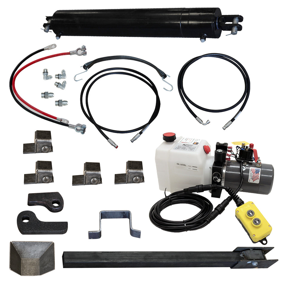 Direct Push Dump Bed Lift Kit featuring a single 5 x 30 cylinder. Includes hydraulic power unit, hinges, safety arm, and more. Ideal for enhancing trailer lifting power and efficiency. Model: PCK-530-DP.