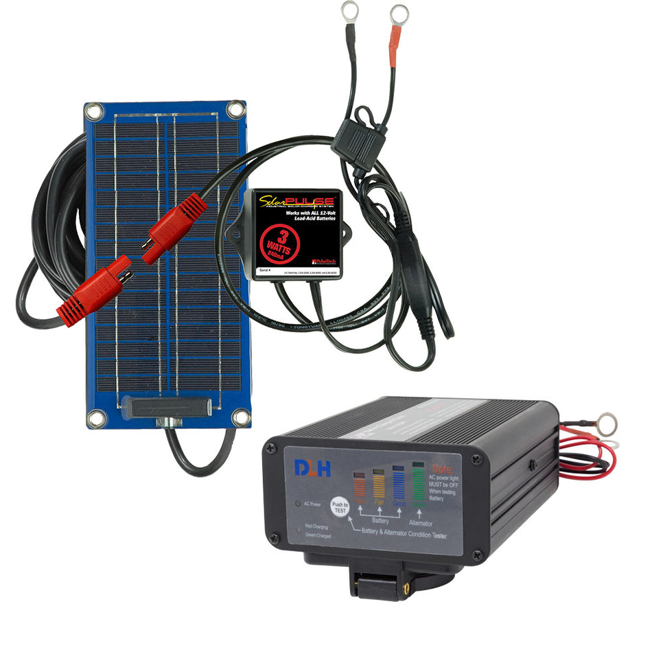 Close-up of Battery Maximizer Kit components: 8 Amp Panel Mount Charger and Solar Pulse Panel with wires, enhancing battery efficiency and extending life for occasional use.