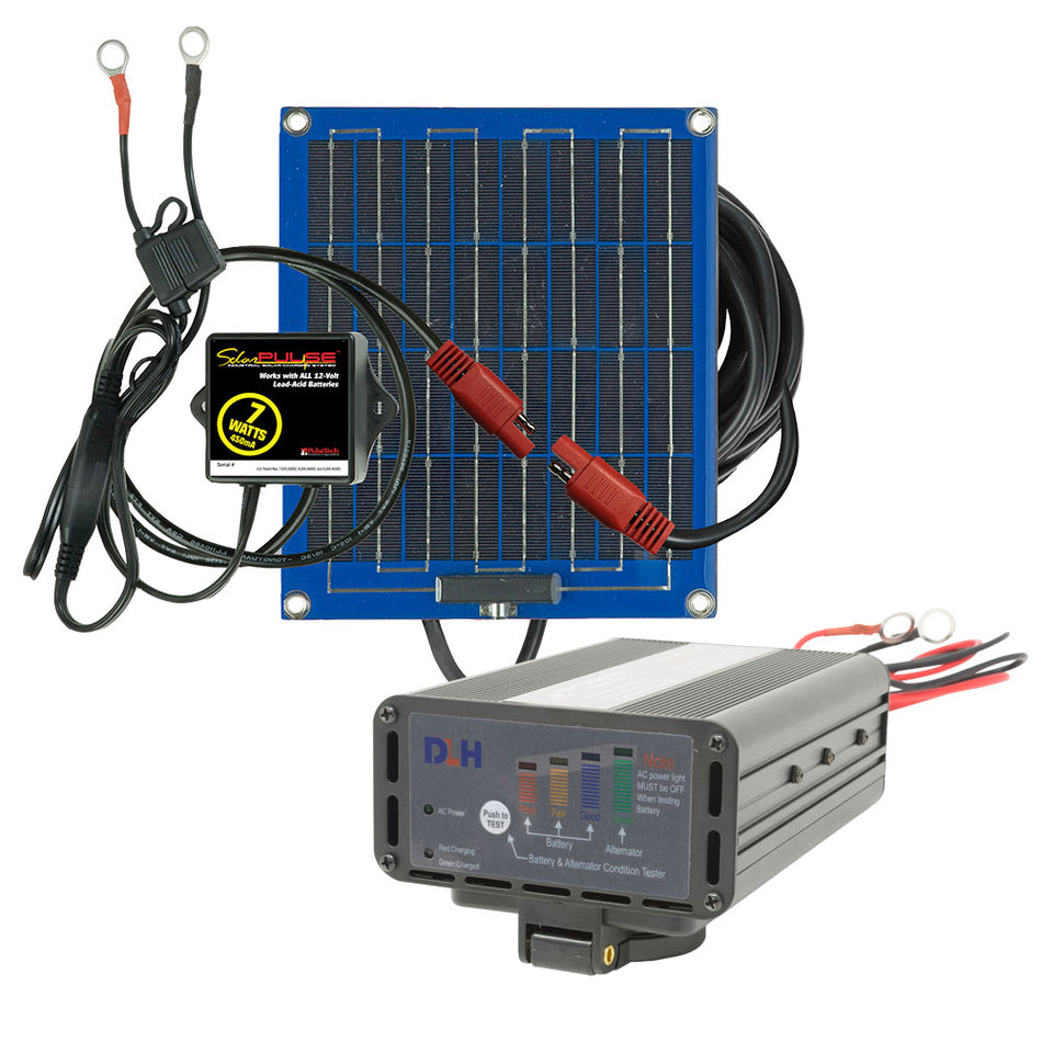 Close-up of a solar panel with wires, battery charger, and battery indicator from the Regular User Battery Maximizer Kit for 3-4 days/week use.