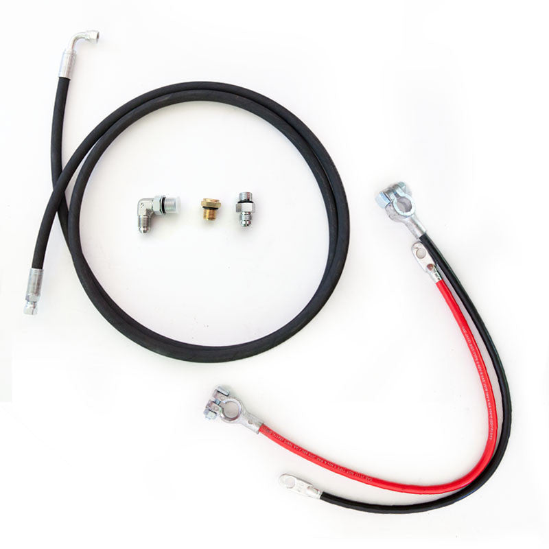 A close-up of hydraulic pump hose fittings kit components: single acting pump hose, battery cables, 90-degree fitting, breather #6 SAE fitting, and 3/8 hydraulic straight fitting.