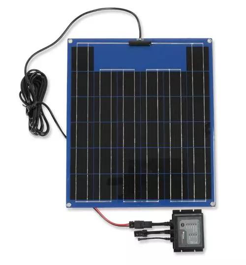 Alt text: A close-up of a 25-Watt SolarPulse Solar Battery Charger & Maintainer panel with wires, ideal for vehicles with sporadic use, featuring efficient charging, patented Pulse Technology, and versatile battery compatibility.