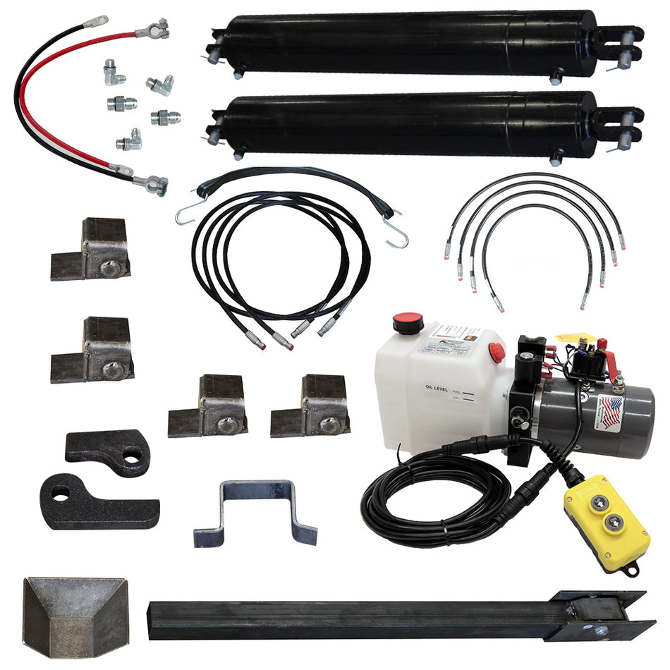 Close-up of a hydraulic direct push lift kit featuring dual 5 x 30 cylinders, hoses, and components like hydraulic power unit, hinges, and safety arm cup. Ideal for heavy material handling.