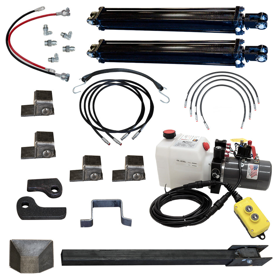 Direct Push Dump Bed Lift Kit featuring Dual 3.5 x 30 Cylinders for superior lifting, compact design, and 4T to 11T capacity. Includes hydraulic unit, hoses, and safety components. Ideal for hauling heavy loads.