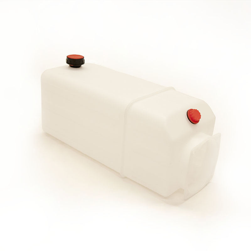 8 Quart Poly Hydraulic Reservoir Tank with plug and breather caps, featuring a 4-11/16 round opening and 4 square bolt pattern. Dimensions: 17.25 L, 7 W, 8.0 H.