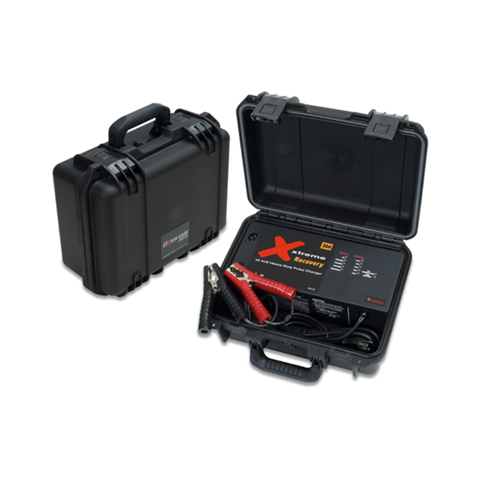 A black case with a battery charger and handles, showcasing the Xtreme 16-Amp 12 Volt Battery Recovery Charger and Desulfator | XCR-20. Dimensions: 14.2 L x 11.4 W x 6.5 H.